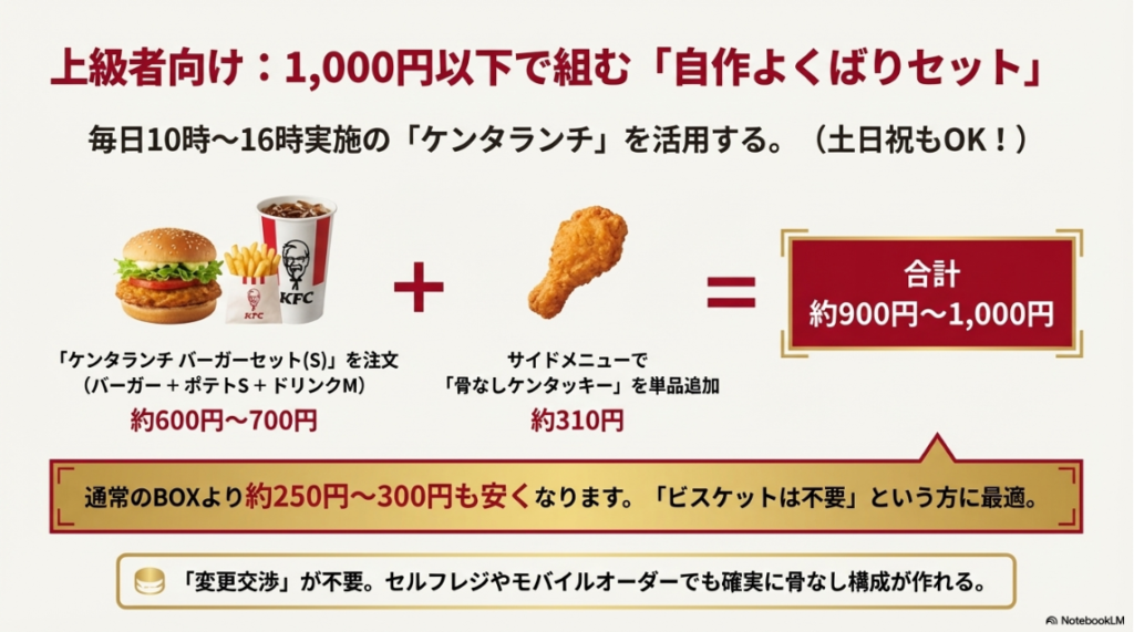 オリジナルチキンを骨なしに変更し、ドリンクを無糖に変えることで合計約200kcalカットできることを示す図