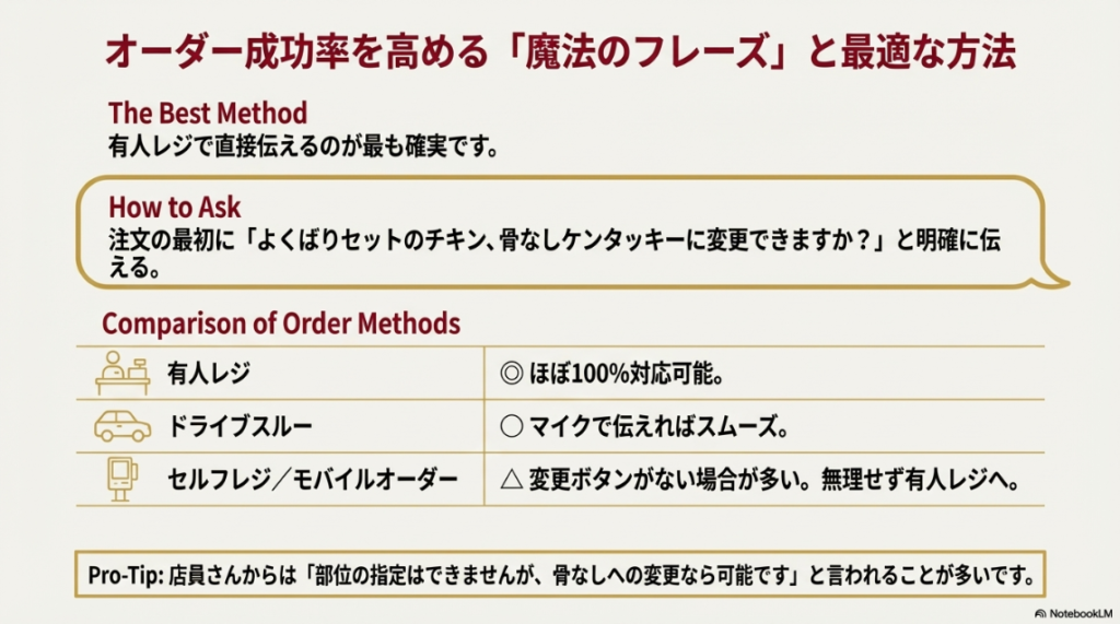 有人レジ、ドライブスルー、セルフレジそれぞれでの骨なし変更の頼みやすさを比較した表