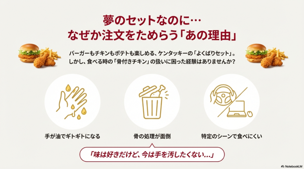 骨付きチキンを食べるときの手の汚れ、骨のゴミ、運転中の食べにくさ、パソコン作業中の不便さを表すアイコン
