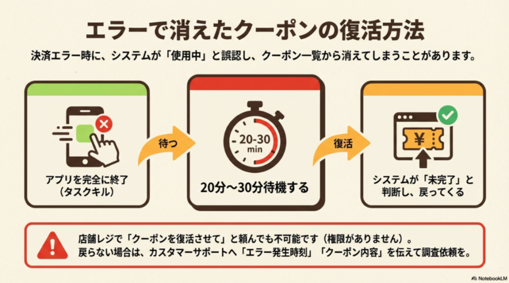 アプリをタスクキルして20〜30分待機することで、システムが「不成立」と判断しクーポンが自動で戻ってくる仕組みの図解。