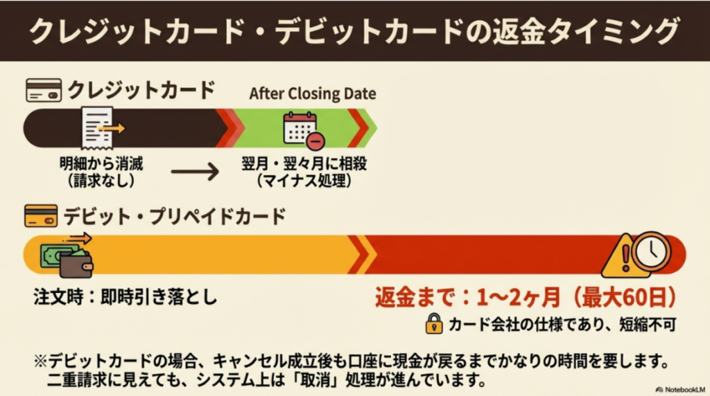 クレジットカードは翌月以降の相殺、デビットカードは口座返金まで最大60日程度かかる場合があることを示す表。