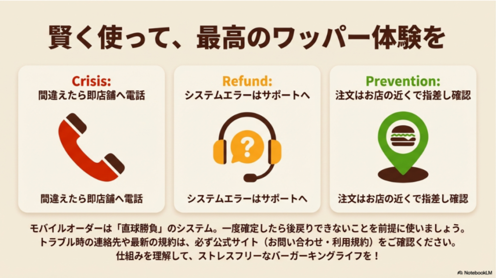 「間違えたら即電話」「エラーはサポートへ」「注文は店の近くで確認」という3つの重要ポイントをまとめた最終スライド。