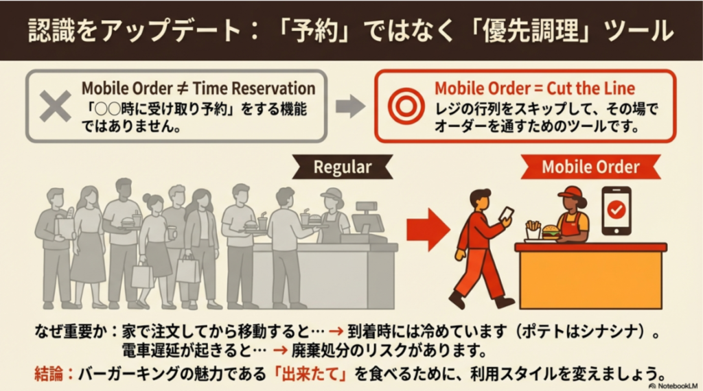 モバイルオーダーは時間予約ではなく、レジの行列をスキップしてその場でオーダーを通すための「優先調理」ツールであることを説明する比較画像。