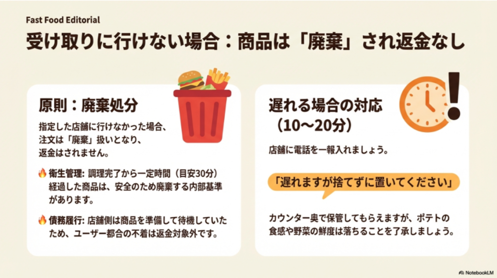 指定店舗に行けなかった場合、衛生管理基準（目安30分）に基づき商品は廃棄され、返金も対象外となることを説明するイラスト。