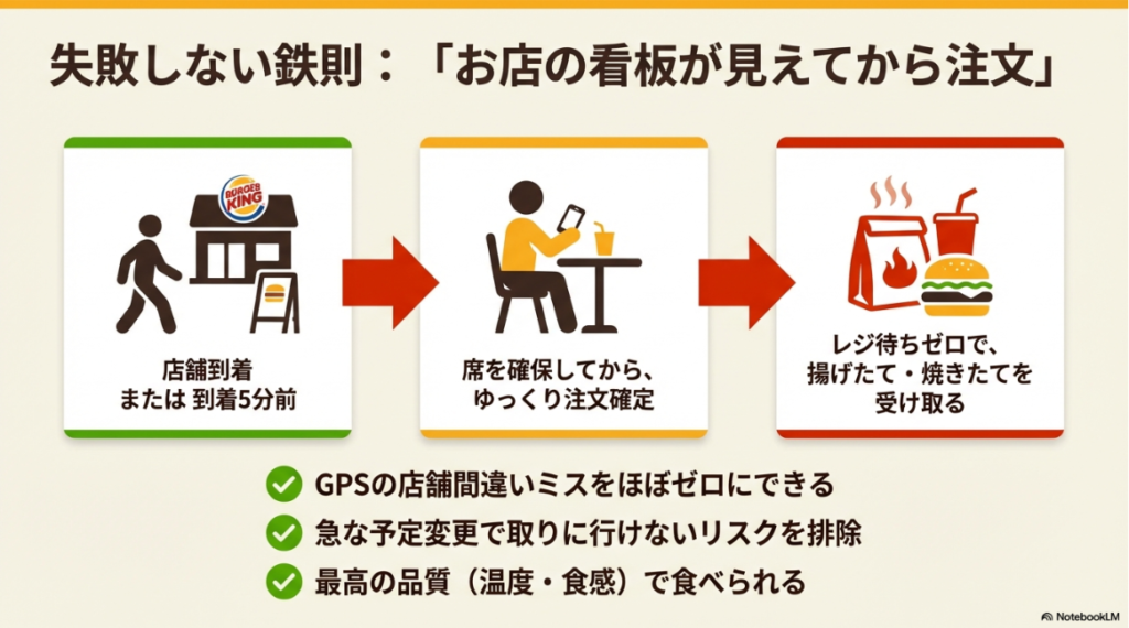 店舗到着または到着5分前に注文し、焼きたて・揚げたてを最高の状態で受け取るための鉄則。「お店の看板が見えてから注文」を推奨。