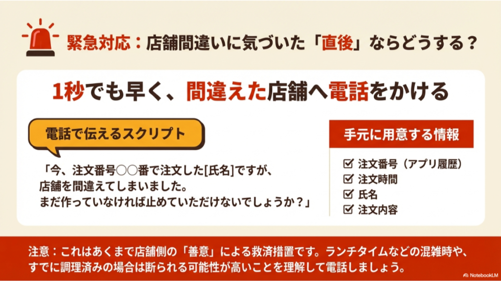 間違えた店舗へ1秒でも早く電話するためのスクリプト。「注文番号・時間・氏名・内容」を手元に用意して電話することを推奨する図解。