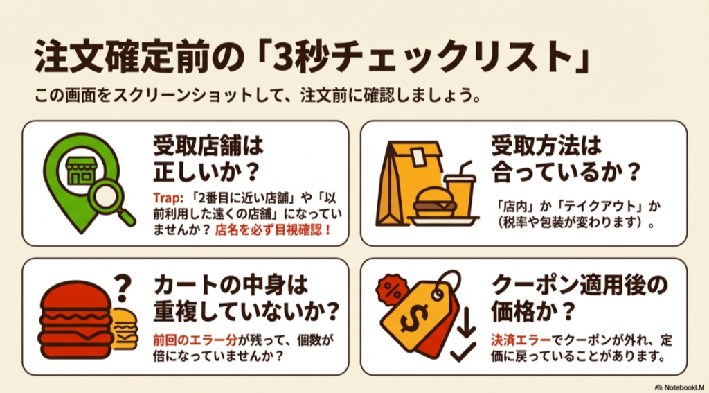 受取店舗、カートの重複、受取方法（店内/持ち帰り）、クーポン適用額の4点を指差し確認するためのスクリーンショット用リスト。