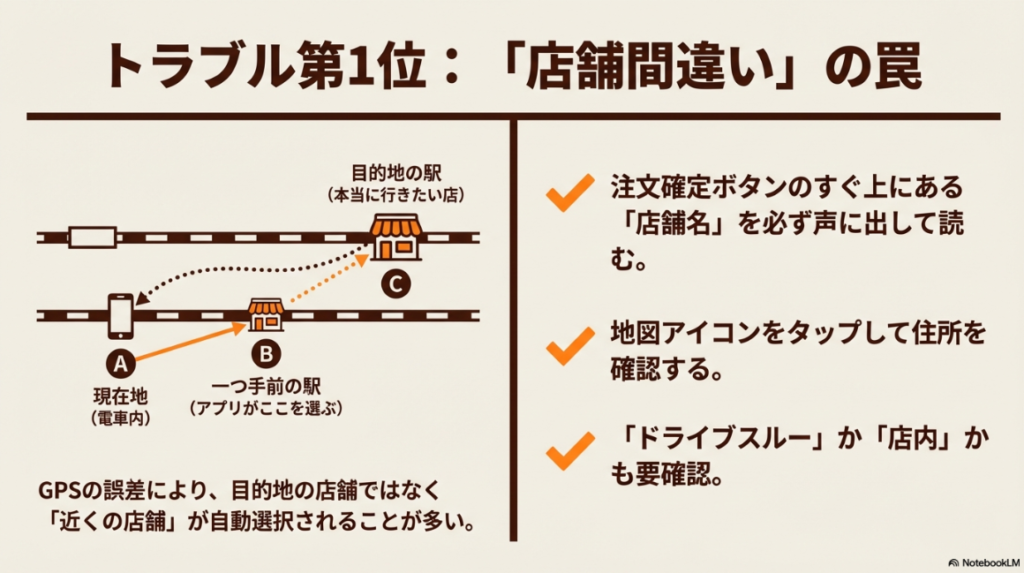 電車内などの現在地から、目的地ではなく一つ手前の駅の店舗がアプリで自動選択されてしまう誤発注のイメージ図。