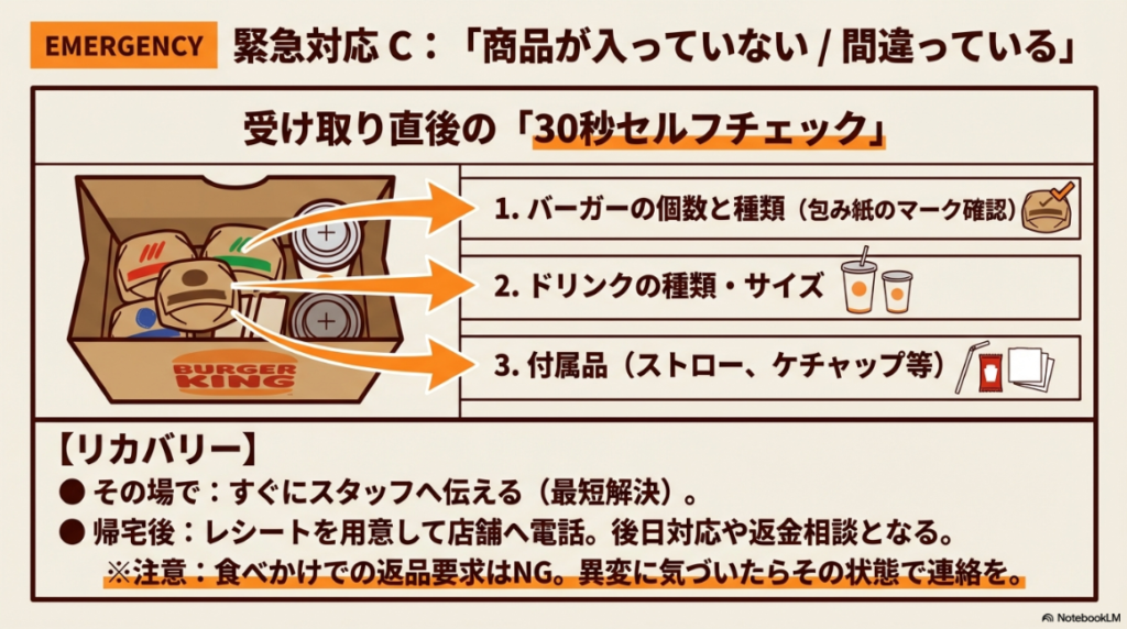 商品を受け取った直後に、バーガーの個数・種類、ドリンクのサイズ、付属品（ストロー・ケチャップ等）を30秒で確認するポイントをイラストで解説したスライド。