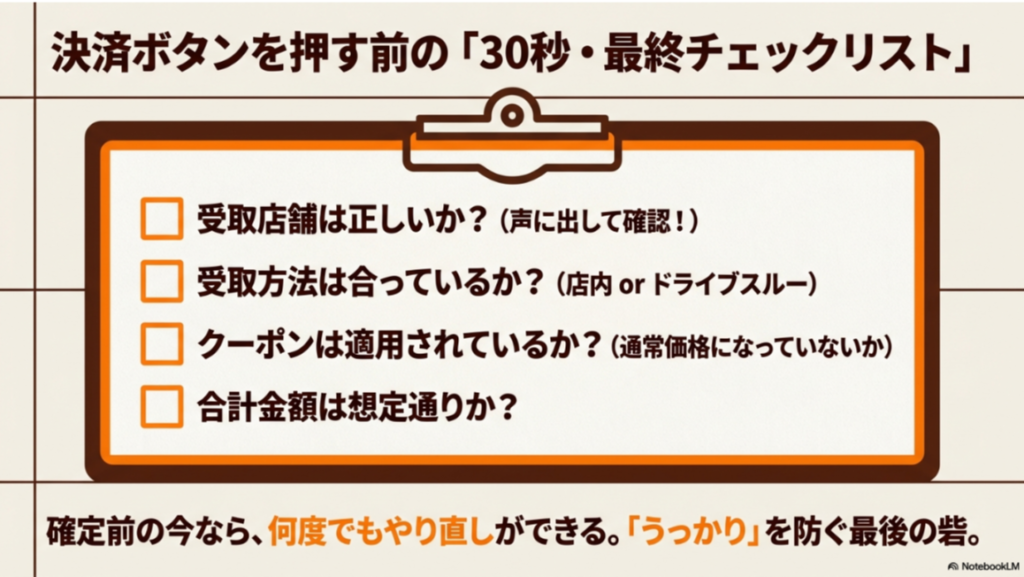 受取店舗、受取方法（店内orドライブスルー）、クーポン適用、合計金額の4点を、決済確定前に声に出して確認することを促すチェックリストスライド。
