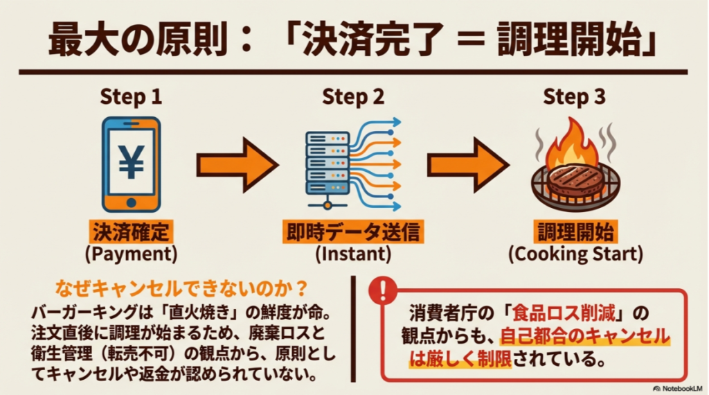 決済確定から即時データ送信、調理開始までの3ステップを図解したスライド。なぜキャンセルできないのかの理由として、直火焼きの鮮度保持、廃棄ロス防止、衛生管理、消費者庁の食品ロス削減の観点が記載されている。