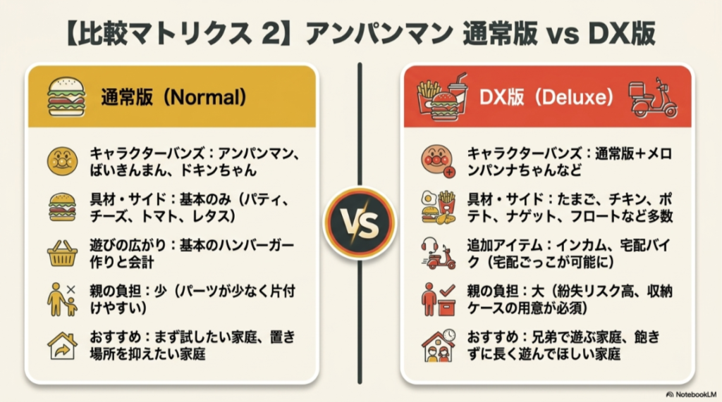 アンパンマンのおしゃべりハンバーガー屋さん通常版とDX版の付属品、遊び方、親の負担を比較した図