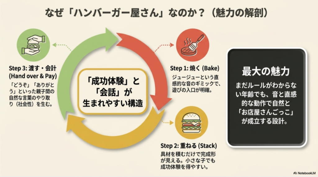 焼く、重ねる、渡す、会計する流れから成功体験と会話が生まれるハンバーガー屋さんごっこの魅力