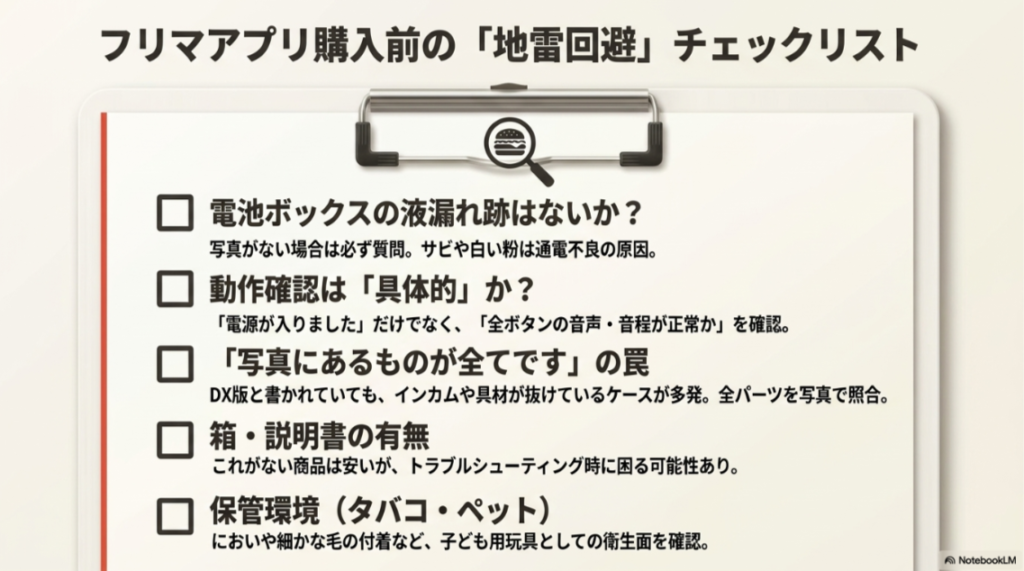 メルカリなどのフリマアプリでおしゃべりハンバーガー屋さんを買う前に確認したい電池ボックス、動作確認、付属品のチェックリスト