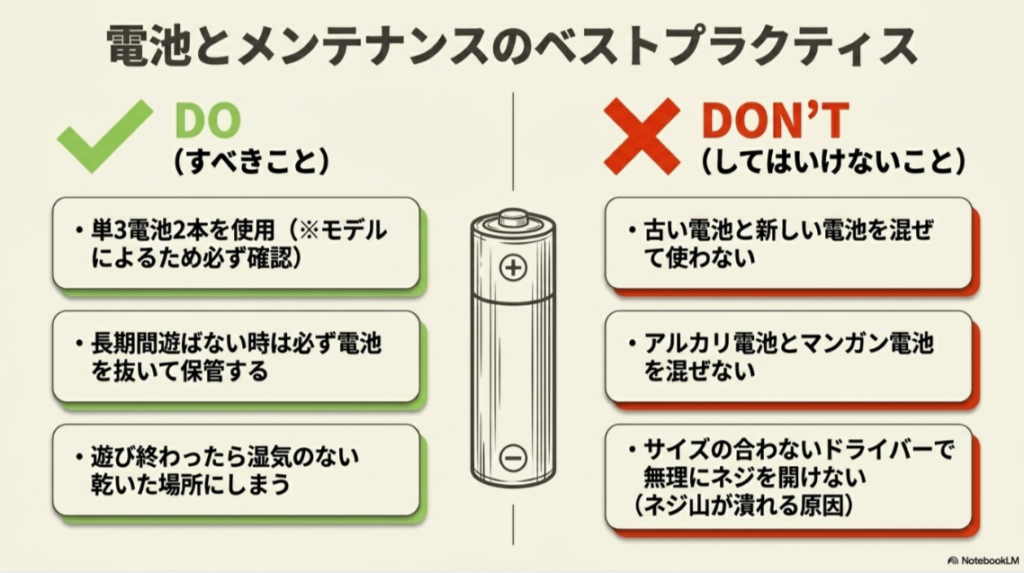 おしゃべりハンバーガー屋さんの電池交換で守りたいことと避けたいことをまとめたメンテナンス図