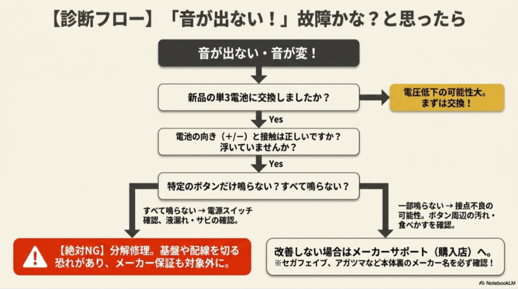 おしゃべりハンバーガー屋さんの音が出ない時に電池、向き、接触、ボタンを順番に確認する診断フロー