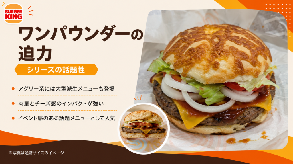 チーズアグリーバーガー系には大型派生メニューもあり、肉量とチーズ感のインパクトが強い話題性のあるメニューであることを説明したスライド