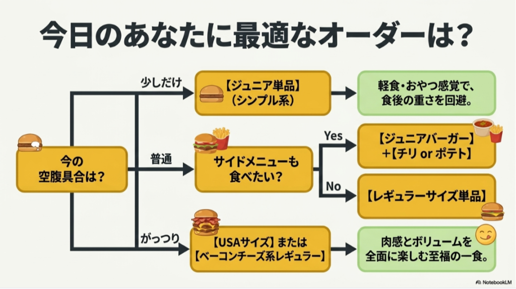 少しだけ食べたい場合はシンプルなジュニア単品、普通ならジュニアとサイドまたはレギュラー、がっつりならUSAサイズやベーコンチーズ系を選ぶ流れを示した注文フローチャート