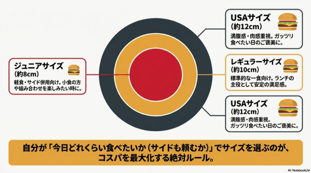 ウェンディーズのジュニアサイズ約8cm、レギュラーサイズ約10cm、USAサイズ約12cmの違いと、それぞれに向いている食べ方を示した比較図
