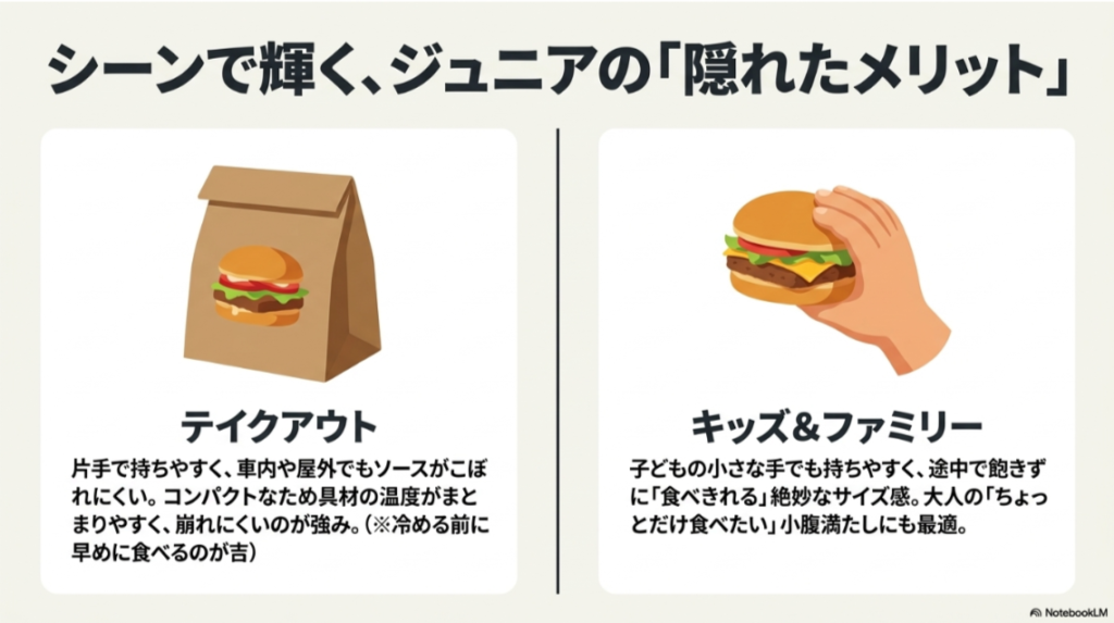 ウェンディーズのジュニアバーガーはテイクアウトやキッズ、ファミリー利用で持ちやすく食べきりやすいメリットがあることを示したスライド