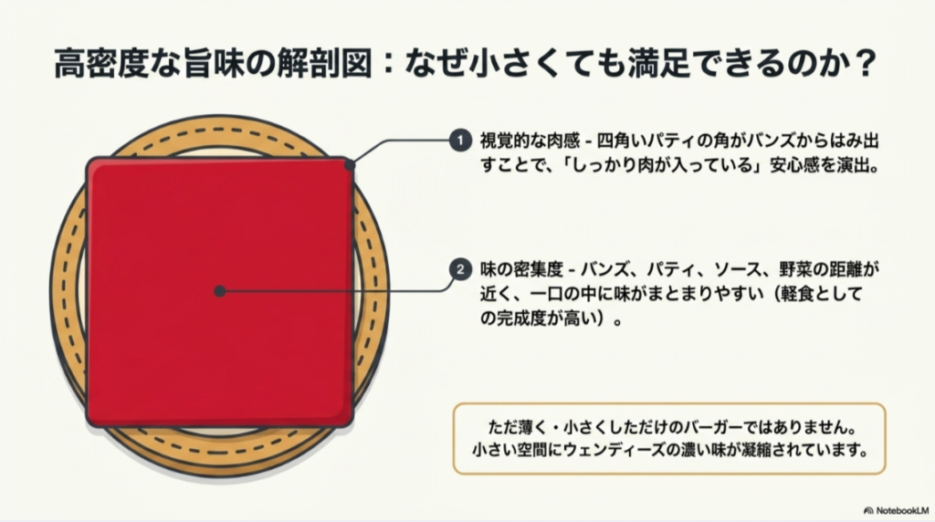 これは、バンズ、パティ、ソース、野菜の距離が近く、一口の中に味がまとまりやすいか