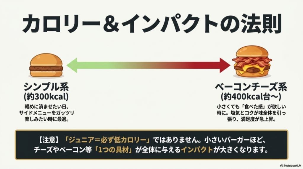 シンプル系のジュニアバーガーは約300kcal前後、ベーコンチーズ系は約400kcal台からになりやすく、具材によって満足度とカロリーが変わることを示したスライド
