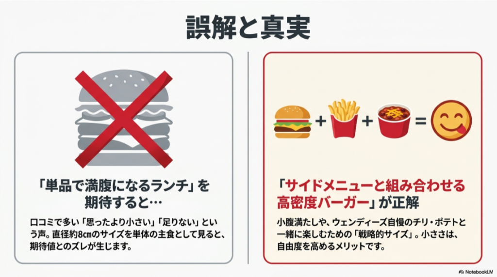 ウェンディーズのジュニアバーガーは単品で満腹になるランチではなく、ポテトやチリなどのサイドメニューと組み合わせる高密度バーガーであることを説明したスライド