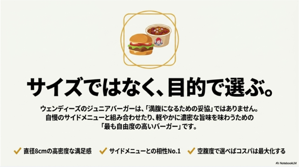 ウェンディーズのジュニアバーガーは満腹用ではなく、サイドメニューと組み合わせたり軽く濃厚な味を楽しんだりする自由度の高いバーガーであることをまとめたスライド