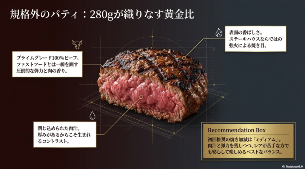 厚みのあるビーフパティの焼き目、肉汁、弾力をステーキハウスらしく解説したスライド