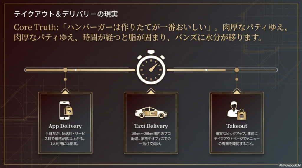 アプリデリバリー、タクシーデリバリー、テイクアウトの違いと時間経過による食感変化を示した図