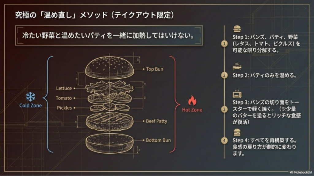 冷たい野菜と温めたいパティを分け、バンズを焼き直して再構築する手順を示した図