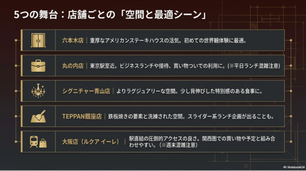 六本木、丸の内、青山、銀座、大阪の店舗ごとの雰囲気と向いている利用シーンを整理したスライド