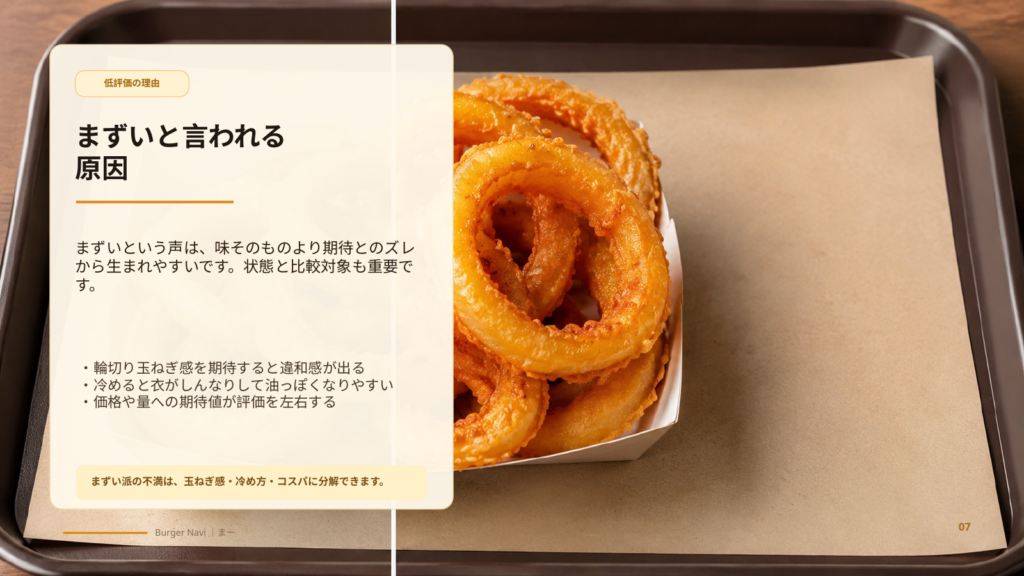 バーガーキングのオニオンリングがまずいと感じられる理由を、衣の重さ、冷めた状態、期待値のズレから説明するスライド