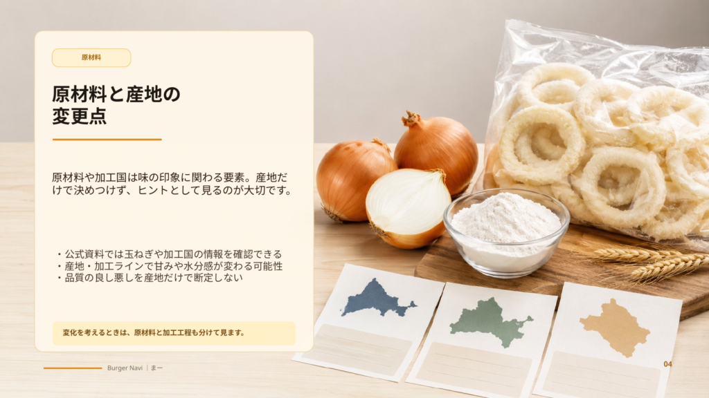 バーガーキングのオニオンリングに使われる玉ねぎや小麦粉、加工国など原材料情報を整理するスライド