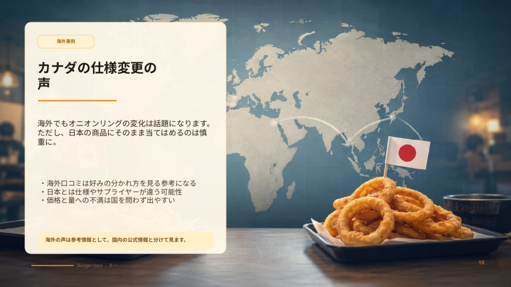 海外でもバーガーキングのオニオンリング変更が話題になることを、日本との違いに注意しながら紹介するスライド
