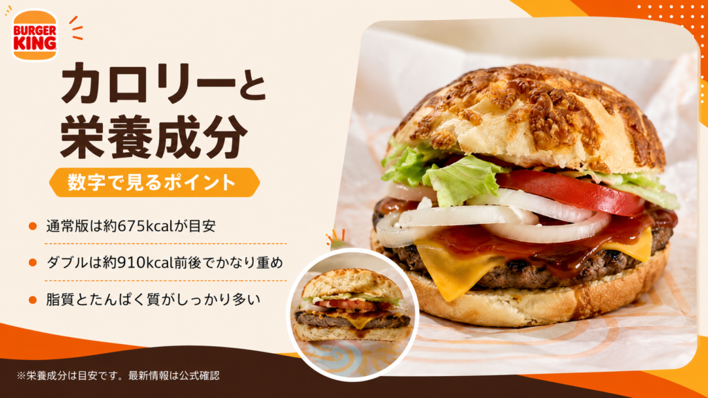 チーズアグリーバーガーは通常版で約675kcal、ダブルで約910kcal前後が目安で、脂質とたんぱく質が多いバーガーであることを説明したスライド
