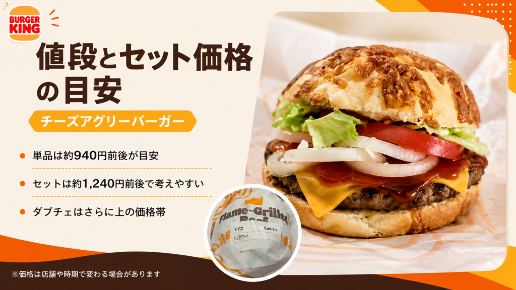 チーズアグリーバーガーは単品約940円前後、セット約1,240円前後が目安で、ダブルはさらに上の価格帯になることを説明したスライド
