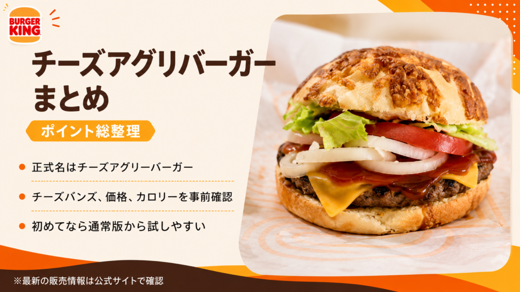 チーズアグリーバーガーの正式名称、チーズバンズ、価格やカロリーの確認、初めてなら通常版から試しやすいことをまとめたスライド