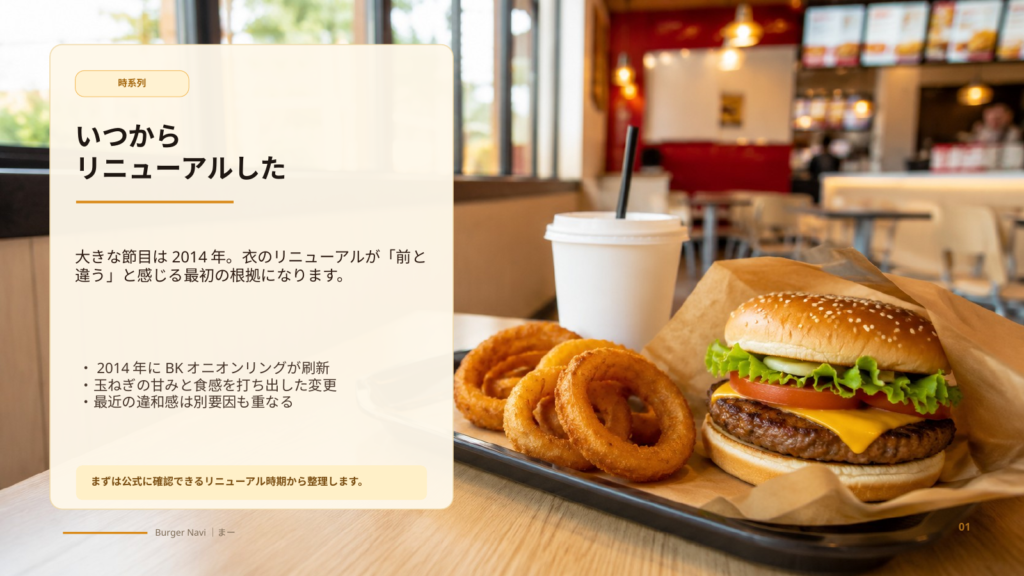 バーガーキングのオニオンリングがいつからリニューアルされたのか、2014年の変更点を視覚的に解説するスライド