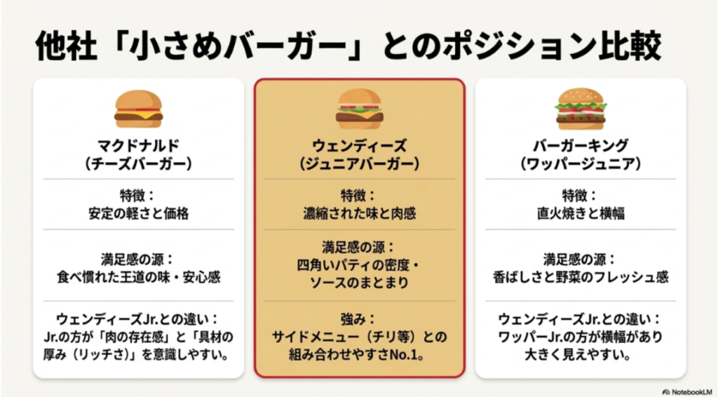 マクドナルドのチーズバーガー、ウェンディーズのジュニアバーガー、バーガーキングのワッパージュニアを、特徴や満足感の違いで比較したスライド