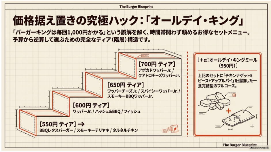 バーガーキングのオールデイ・キング550円・600円・650円・700円とキングミール950円の価格帯