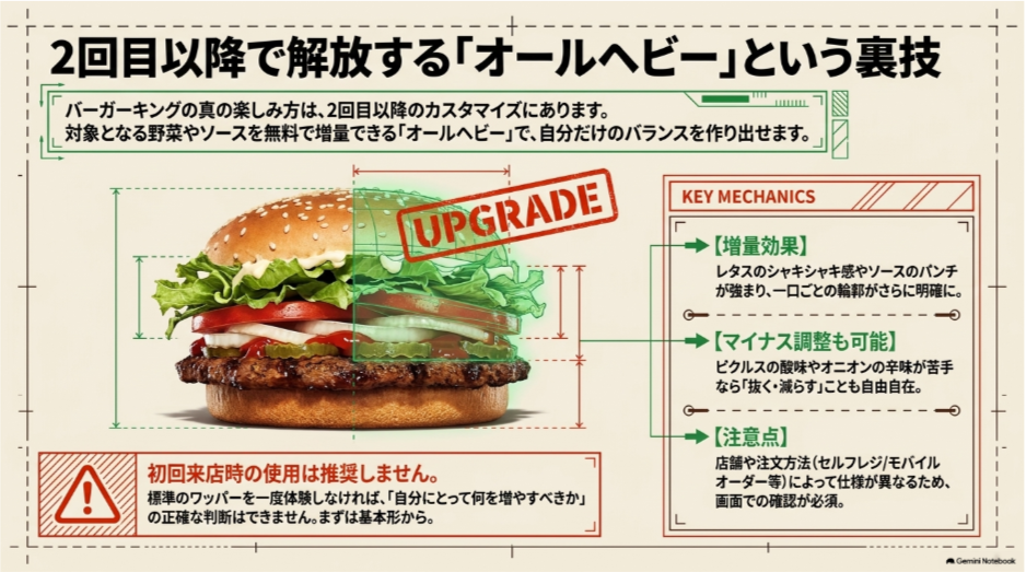 バーガーキングのオールヘビーで野菜やソースを増量する方法と具材を減らす調整、初回利用時の注意点を示した図