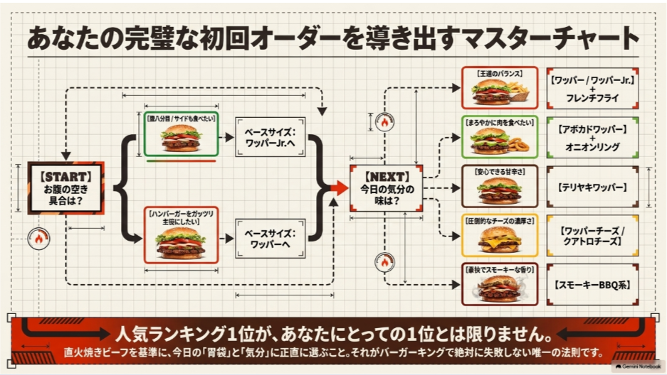 お腹の空き具合と味の好みからワッパーJr.、ワッパー、アボカド、テリヤキ、チーズ、BBQ系を選ぶバーガーキング初心者向けチャート