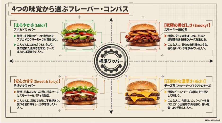 バーガーキングのアボカドワッパー、テリヤキワッパー、チーズ系、スモーキーBBQ系を味の好み別に比較した図