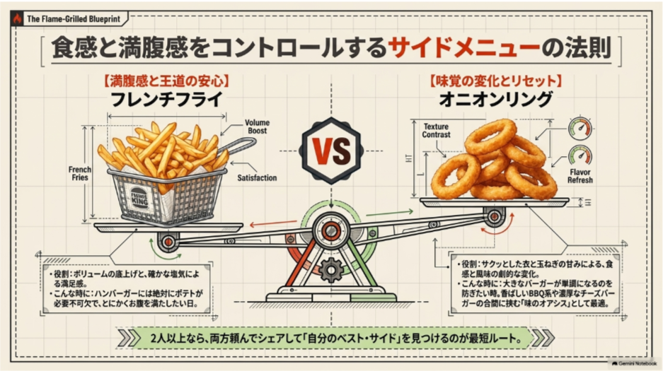 バーガーキングのフレンチフライとオニオンリングを満腹感、食感、味の変化という観点から比較した図