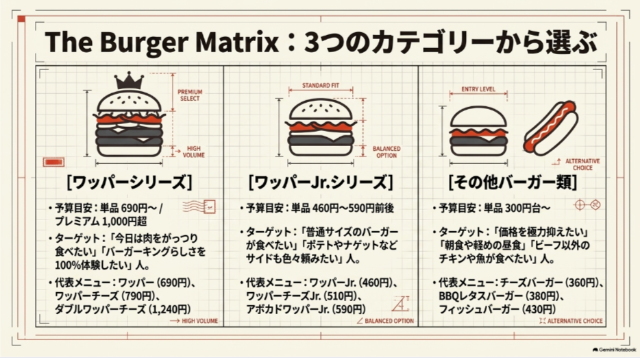 ワッパー、ワッパーJr.、その他のバーガーの価格帯と向いている人を比較した図