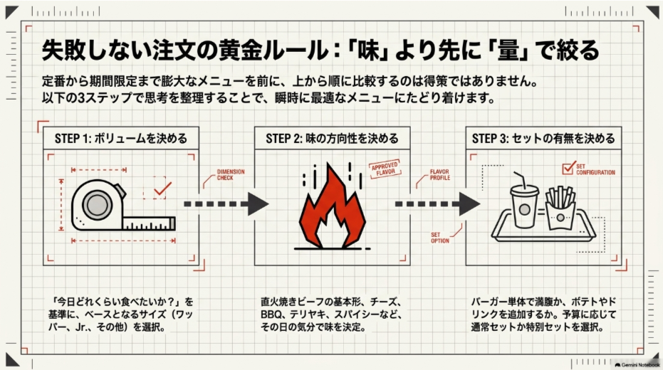 食べる量、味、セットの有無の3ステップでバーガーキングのメニューを選ぶ方法