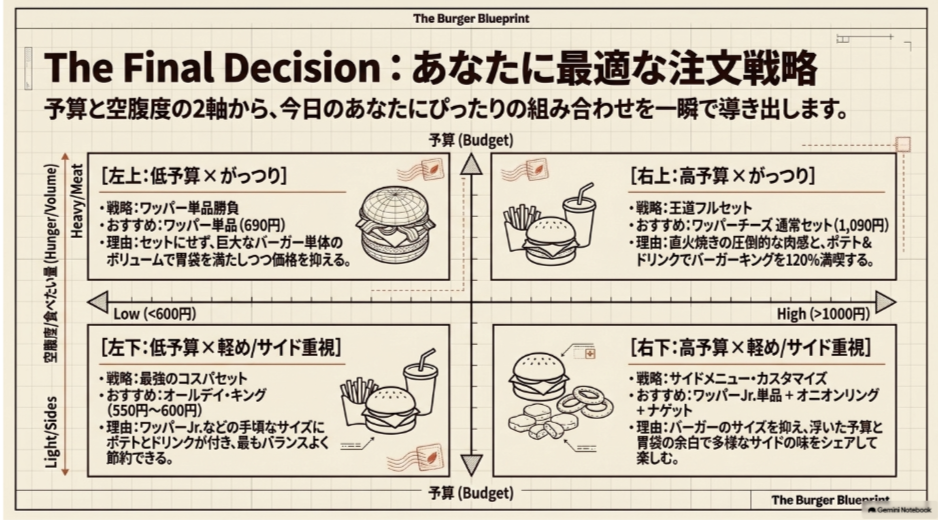 予算と食べたい量からワッパー、通常セット、オールデイ・キング、Jr.とサイドを選ぶ比較チャート