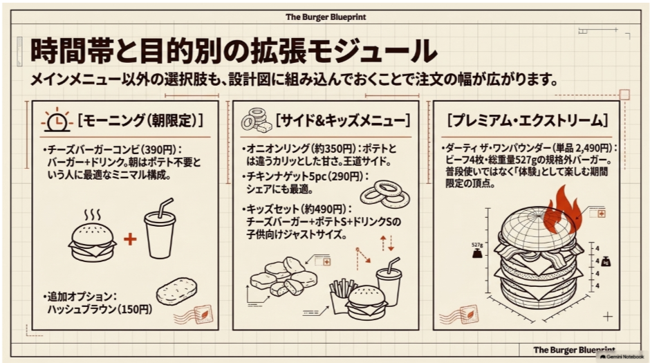 バーガーキングのモーニング、サイド・キッズメニュー、期間限定大型バーガーを目的別にまとめた図
