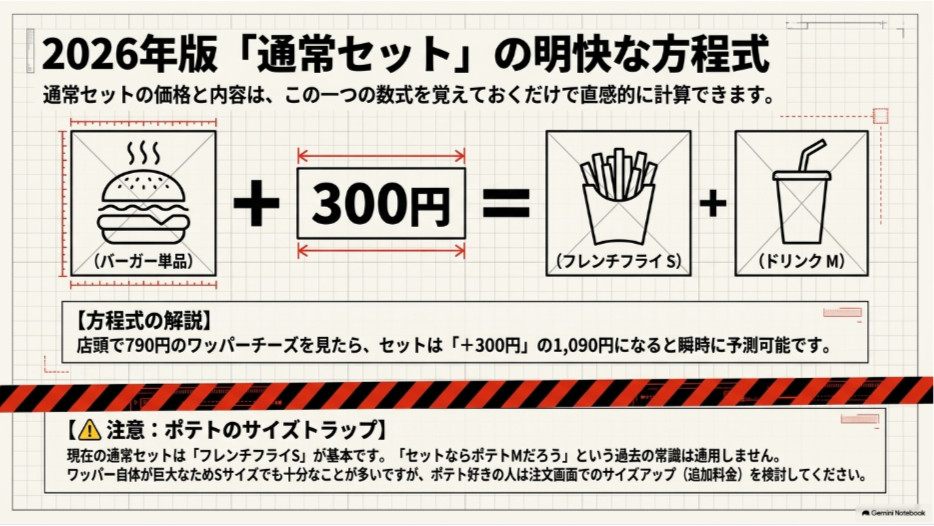 バーガー単品に300円を追加するとフレンチフライSとドリンクMが付く2026年の通常セット料金